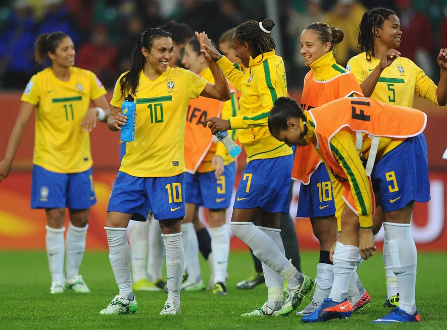 Marta (No.10) celebrates with her Brazil team-mates after defeating Norway 3-0 in the FIFA Women's World Cup 2011.
